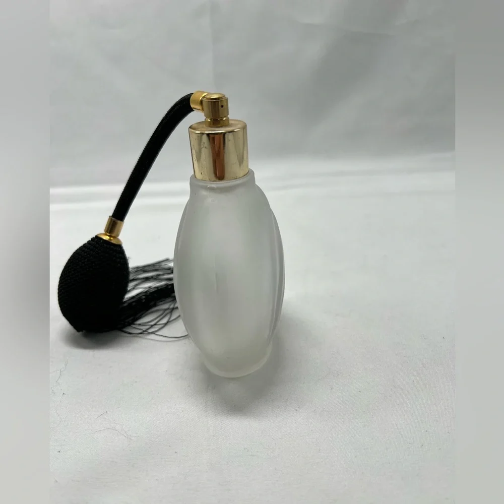 Vintage Frosted Swirl Glass with Black Pump Atomizer & Gold Accents (empty)
